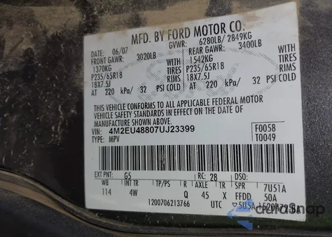 2007 Mercury Mountaineer Premier из США, поврежденный, VIN 4M2EU48807UJ23399